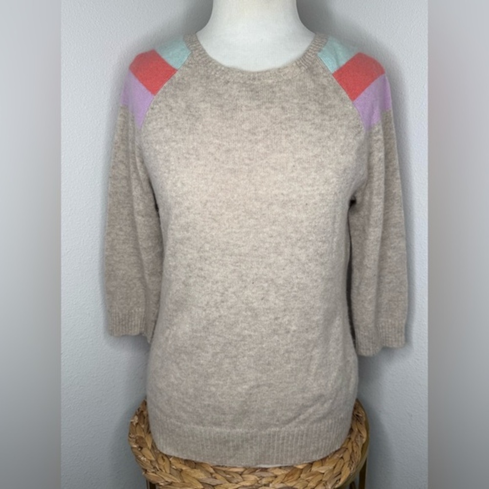 Autumn Cashmere Sweater Color Block Accent 3/4 Sleeve Tan Knit Pink Blue